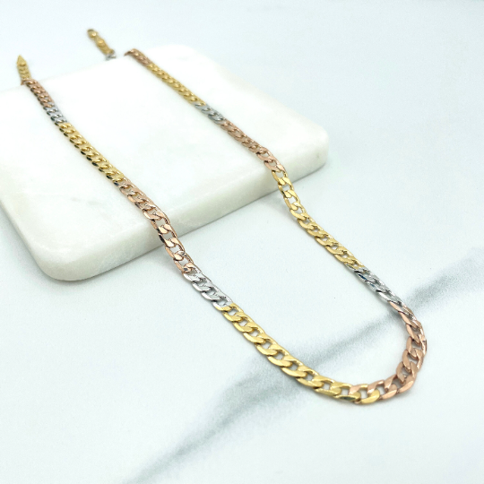 18k Gold Filled 5mm Three Tone, Tri-Color Flat Curb Link Chain, 24 Inches Long