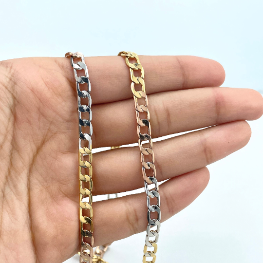 18k Gold Filled 5mm Three Tone, Tri-Color Flat Curb Link Chain, 24 Inches Long