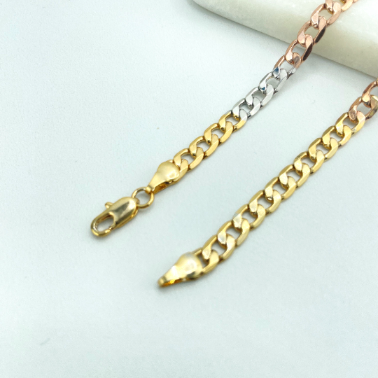 18k Gold Filled 5mm Three Tone, Tri-Color Flat Curb Link Chain, 24 Inches Long