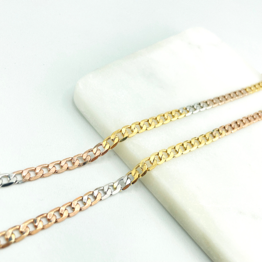 18k Gold Filled 5mm Three Tone, Tri-Color Flat Curb Link Chain, 24 Inches Long