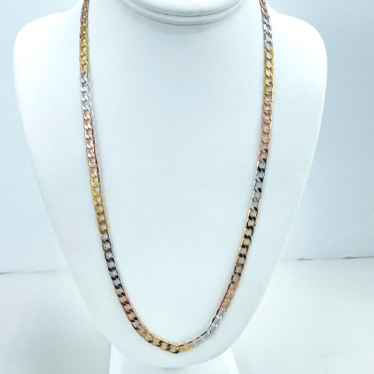 18k Gold Filled 5mm Three Tone, Tri-Color Flat Curb Link Chain, 24 Inches Long