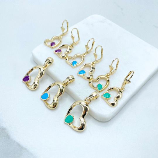 18k Gold Filled Colored Enamel Heart Shape Dangle Earrings and Pendant Set