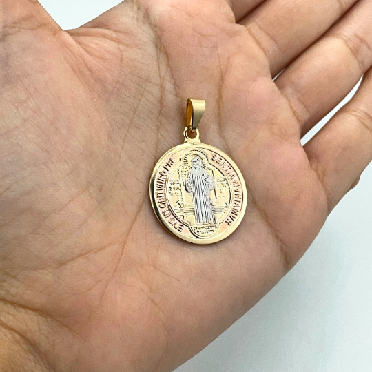18k Gold Filled Three Tone Saint Benedict Reversible Medal Pendant Charms