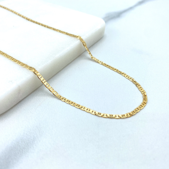 18k Gold Filled 2mm Thin Mariner Link Chain Flat Style, 16 Inches or 24 Inches Long