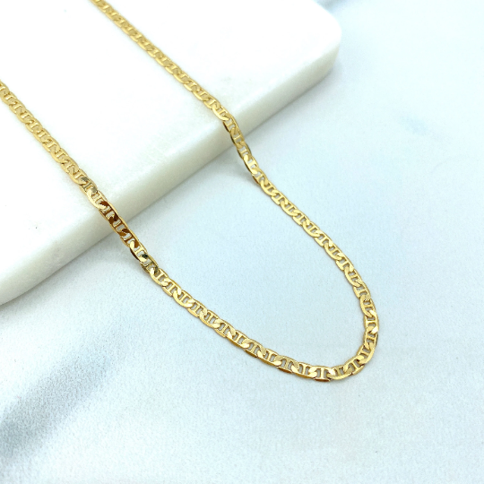 18k Gold Filled 3mm Thin Mariner Link Chain Flat Style, 18 Inches or 24 Inches Necklace