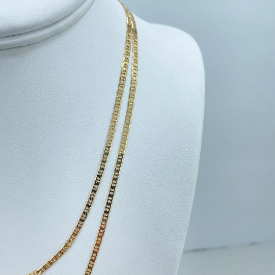 18k Gold Filled 3mm Thin Mariner Link Chain Flat Style, 18 Inches or 24 Inches Necklace