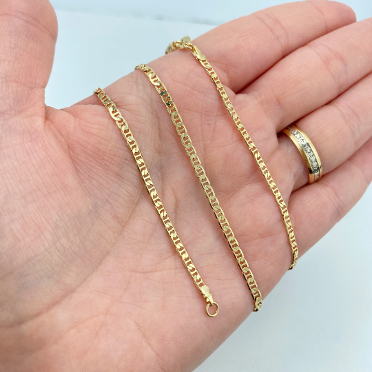 18k Gold Filled 3mm Thin Mariner Link Chain Flat Style, 18 Inches or 24 Inches Necklace