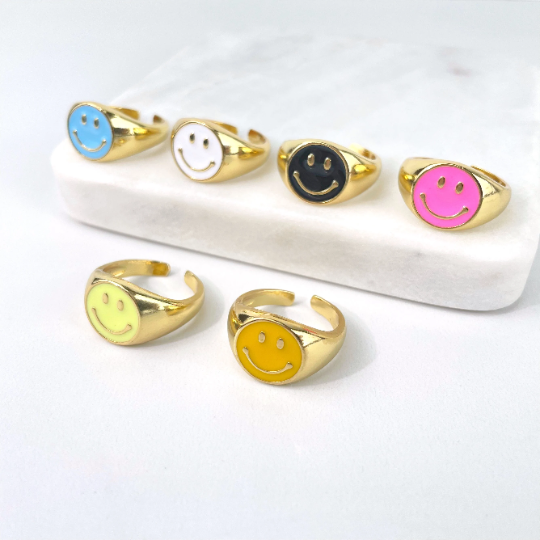 18k Gold Filled Colorful Enamel Cutie Face, Funny Face, Happy Face Adjustable Rings