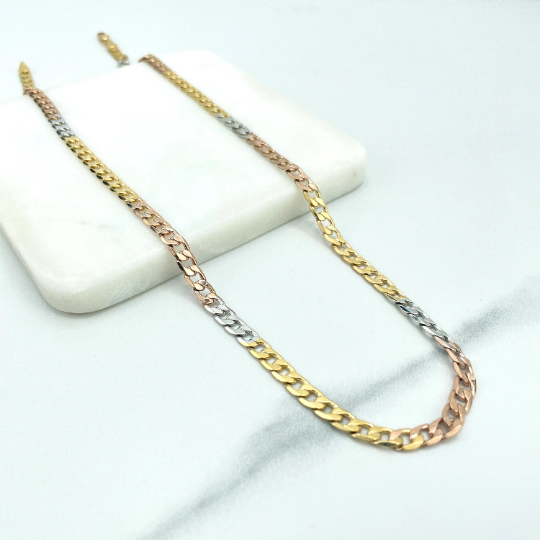 18k Gold Filled 5mm Three Tone, Tri-Color Flat Curb Link Chain, 24 Inches Long, Classic