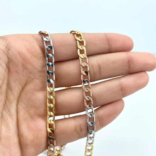 18k Gold Filled 5mm Three Tone, Tri-Color Flat Curb Link Chain, 24 Inches Long, Classic