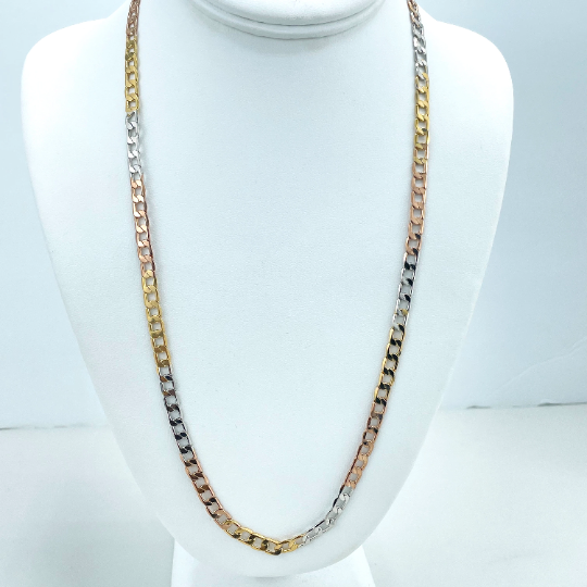 18k Gold Filled 5mm Three Tone, Tri-Color Flat Curb Link Chain, 24 Inches Long, Classic