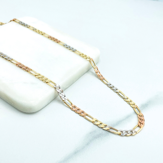 18k Gold Filled 5mm Three Tone, Tri-Color Flat Figaro Link Chain, 24 Inches Long, Classic