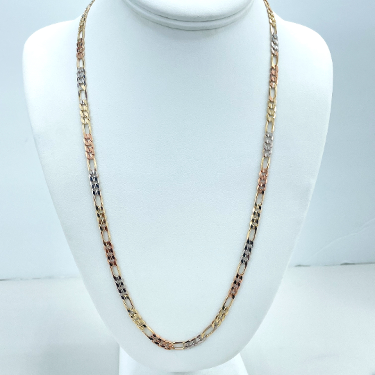 18k Gold Filled 5mm Three Tone, Tri-Color Flat Figaro Link Chain, 24 Inches Long, Classic