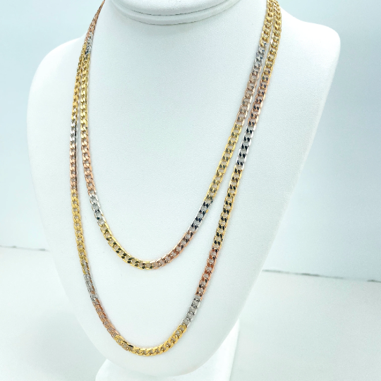 18k Gold Filled 5mm Three Tone, Tri-Color Flat Curb Link Chain, 22 Inches or 24 Inches Long, Classic