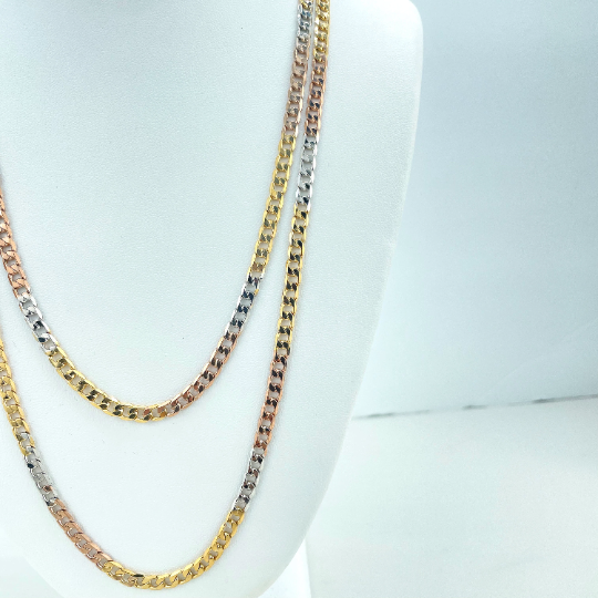 18k Gold Filled 5mm Three Tone, Tri-Color Flat Curb Link Chain, 22 Inches or 24 Inches Long, Classic