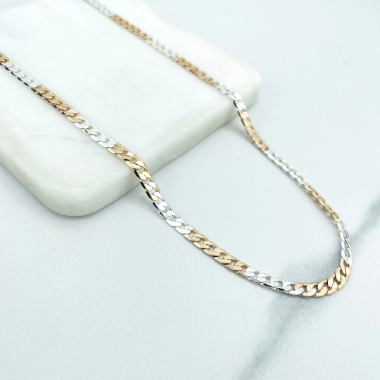 18k Gold Filled 4mm Three Tone, Tri-Color Flat Curb Link Chain, 22.5 Inches Long, Classic