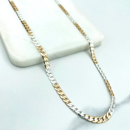 18k Gold Filled 4mm Three Tone, Tri-Color Flat Curb Link Chain, 22.5 Inches Long, Classic