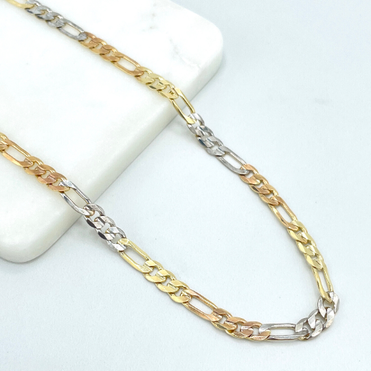 18k Gold Filled 8mm Three Tone, Tri-Color Flat Figaro Link Chain, 24 Inches Long, Classic