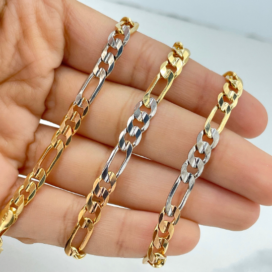 18k Gold Filled 8mm Three Tone, Tri-Color Flat Figaro Link Chain, 24 Inches Long, Classic