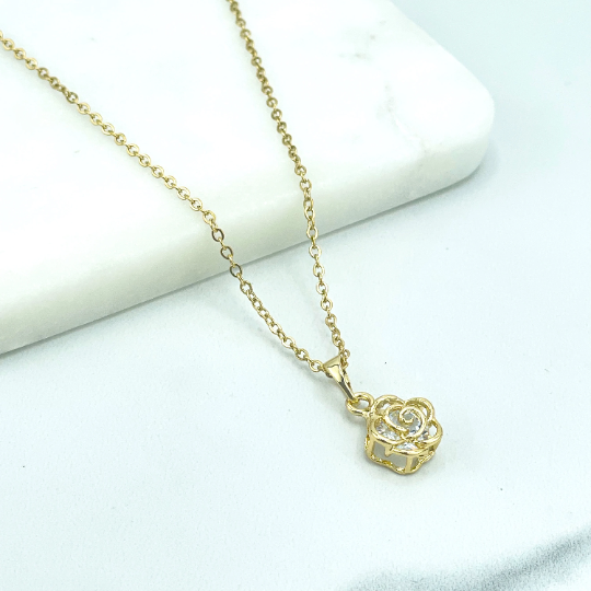 18k Gold Filled 1mm Rolo Chain Necklace with Cutout Rose Shape