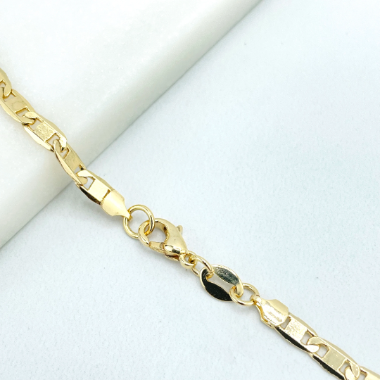 18k Gold Filled 3mm Mariner Link Chain Flat Style, 16 Inches, 18 Inches or 24 Inches Long