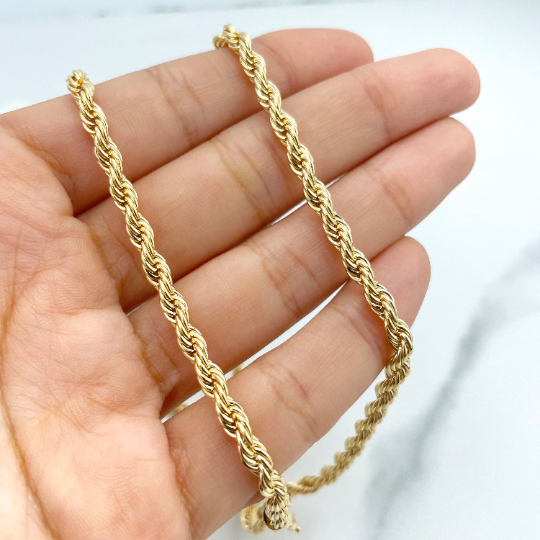 18k Gold Filled 4mm Rope Chain, 24 Inches Long Necklace, Classic