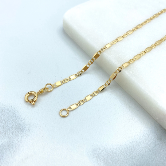 18k Gold Filled 2mm Thin Mariner Link Chain Flat Style, 18 Inches Long Necklace