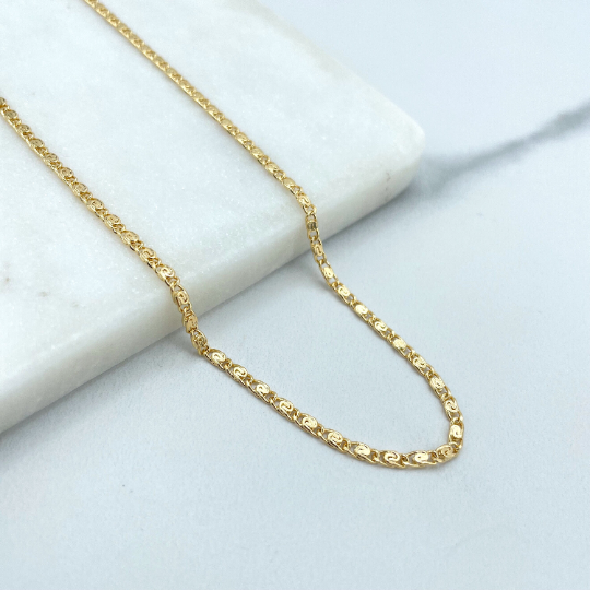 18k Gold Filled 2mm Thin Texturized Mariner Link Chain Flat Style, 18 Inches Long Necklace