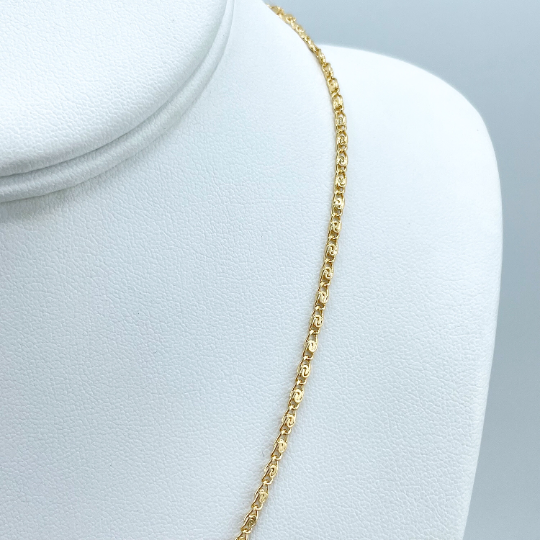 18k Gold Filled 2mm Thin Texturized Mariner Link Chain Flat Style, 18 Inches Long Necklace