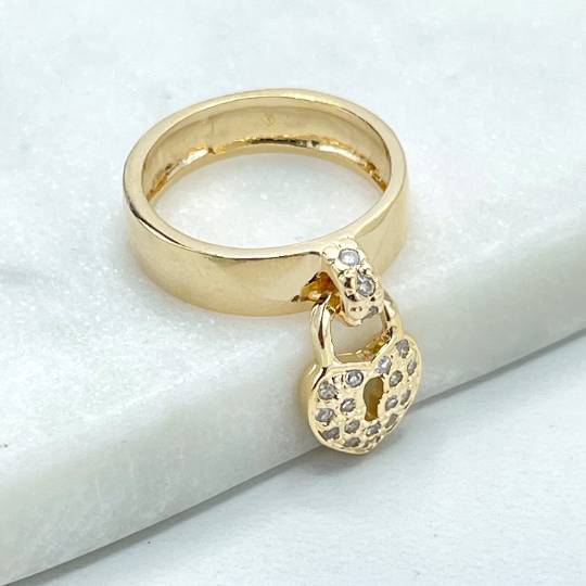 18k Gold Filled Clear Cubic Zirconia Dangle Heart Shape Lock Charm Ring