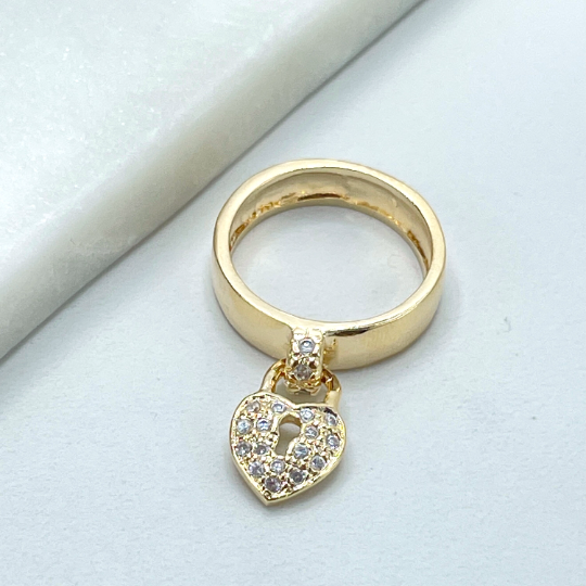 18k Gold Filled Clear Cubic Zirconia Dangle Heart Shape Lock Charm Ring