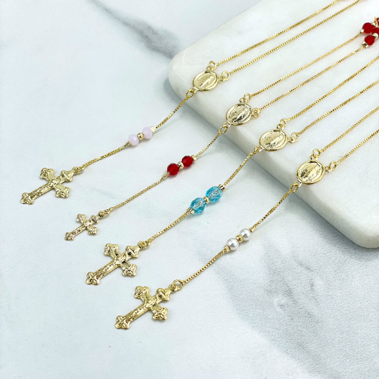 18k Gold Filled Virgen Milagrosa, Our Lady of Miracles Red Beads Rosary Necklace Religious