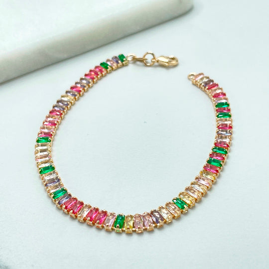 18k Gold Filled White Clear or Rainbow Colored Cubic Zirconia Baguette Cut Bracelet, Wholesale Jewelry Making Supplies
