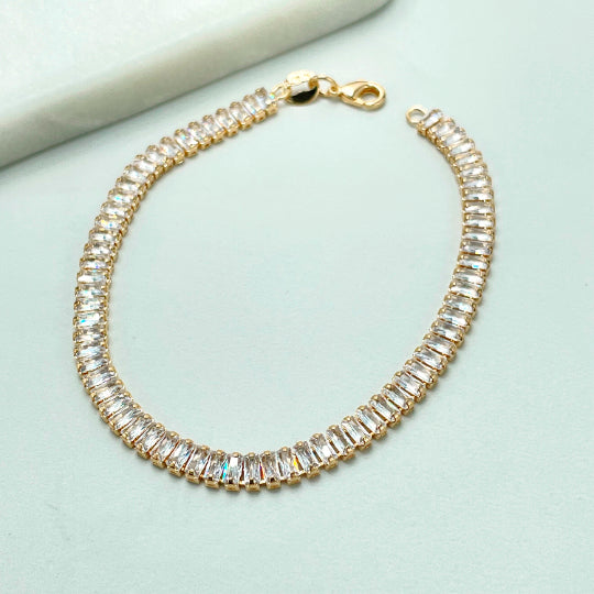 18k Gold Filled White Clear or Rainbow Colored Cubic Zirconia Baguette Cut Bracelet, Wholesale Jewelry Making Supplies