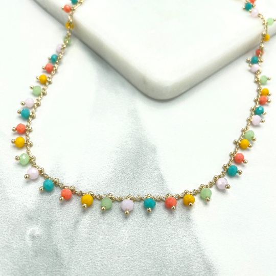 18k Gold Filled Colored Colorful Dangle Beads Charms Linked Chain Necklace