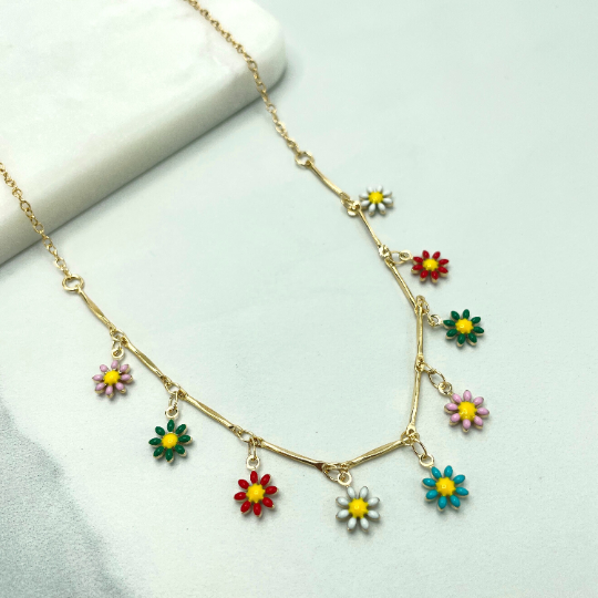 18k Gold Filled Colored Colorful Enamel Dangle Flowers Charms Linked Chain Necklace