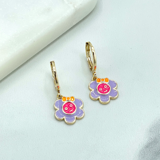 18k Gold Filled Dangle Enamel Colored Happy Face Flower with Bow Charms Huggie Earrings