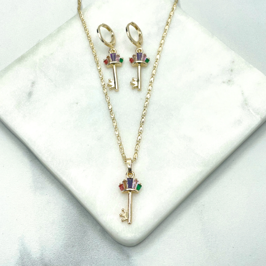 18k Gold Filled Colored Baguette CZ Key Crown Charm on Mariner Chain Necklace & Huggie