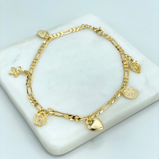 18k Gold Filled 4mm Figaro Chain Link, Dangles Flowers, Leaves & Heart Charms Anklet, Wholesale