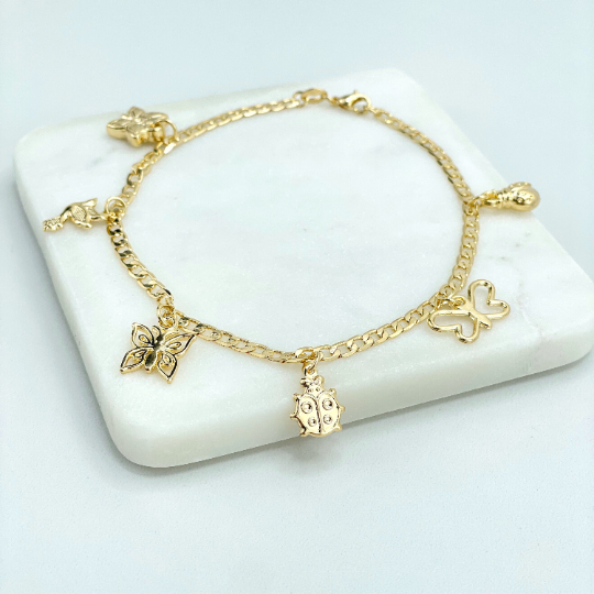 18k Gold Filled 3mm Curb Link Chain, Dangle Spring Charms Anklet, Butterflies, Ladybugs & Hummingbird, Wholesale