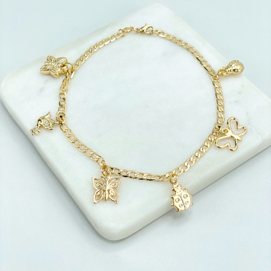 18k Gold Filled 3mm Curb Link Chain, Dangle Spring Charms Anklet, Butterflies, Ladybugs & Hummingbird