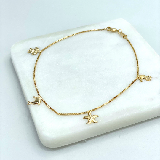 18k Gold Filled 1mm Box Chain & Dangle Ocean Beach Tropical Charms, Turtle, Dolphin, Starfish, Seahorse Anklet