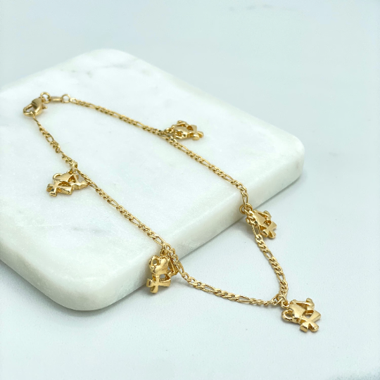 18k Gold Filled 2mm Figaro Chain Link with Dangle Charms Heart, Anchor, Cross Symbols Anklet