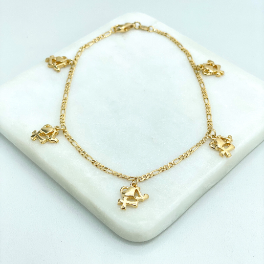 18k Gold Filled 2mm Figaro Chain Link with Dangle Charms Heart, Anchor, Cross Symbols Anklet