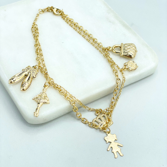 18k Gold Filled Double Layer Chain Anklet with Dangle Vintage Charms, Ballerina Shoes, Girl, Purse, Clock, Crown
