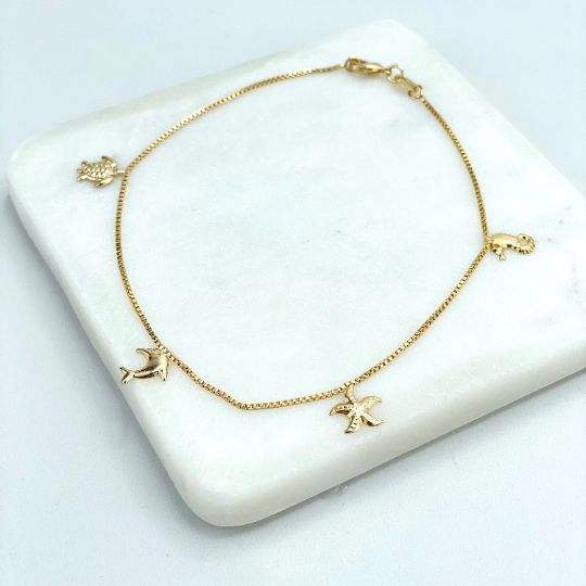 18k Gold Filled 1mm Box Chain & Dangle Ocean Beach Tropical Charms, Turtle, Dolphin, Starfish, Seahorse Anklet