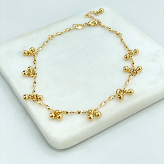 18k Gold Filled 1mm Specialty Chain with Dangle Gold Balls Fancy Anklet, Wholesale