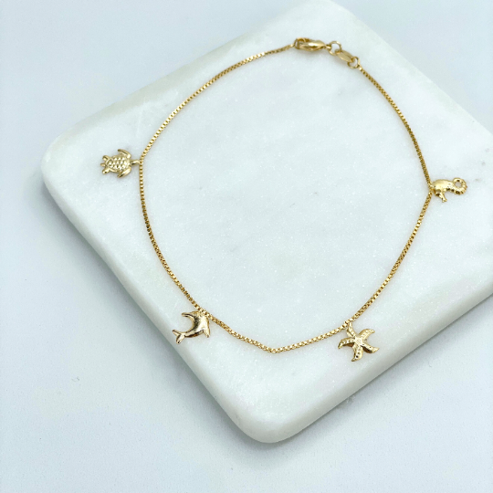 18k Gold Filled 1mm Box Chain & Dangle Ocean Beach Tropical Charms, Turtle, Dolphin, Starfish, Seahorse Anklet, Wholesale