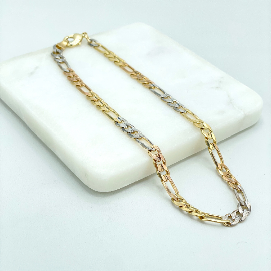 18k Gold Filled 5mm Tri Tone Figaro Chain Anklet, Classic Chain Anklet