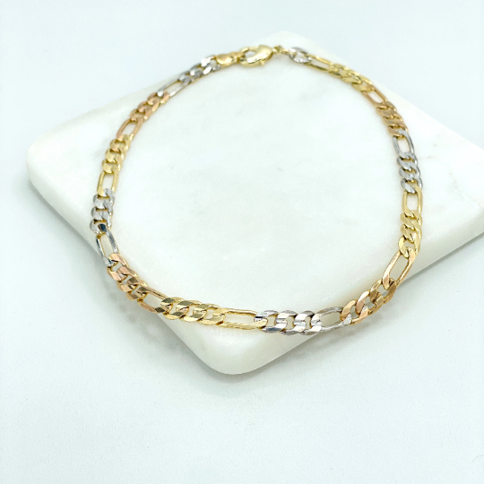 18k Gold Filled 5mm Tri Tone Figaro Chain Anklet, Classic Chain Anklet, Wholesale